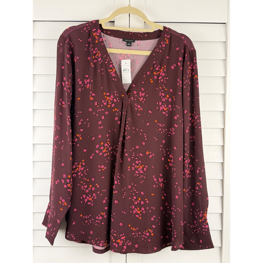 Ann Taylor Blouse XXL Burgundy Floral V-Neck Long Sleeve Pleated Front NEW